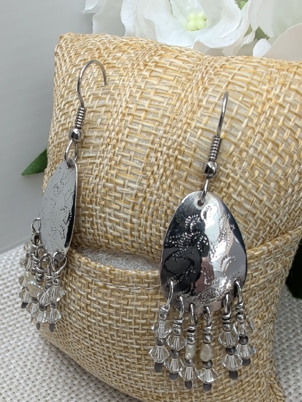 Vintage Artisan Hammered Silver Chandelier Earrings Crystal Bead Fringe 2.5" - Picture 11 of 17